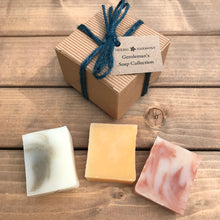 Load image into Gallery viewer, Gentleman’s soap collection, Mens vegan soap gift set containing 3 handmade soap bars approximately 50g each.