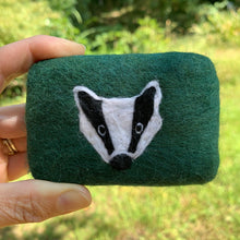 Load image into Gallery viewer, Dark green rectangular felted soap with badger face needle felted onto the front. Hand felted with dark green merino sheep wool.  
